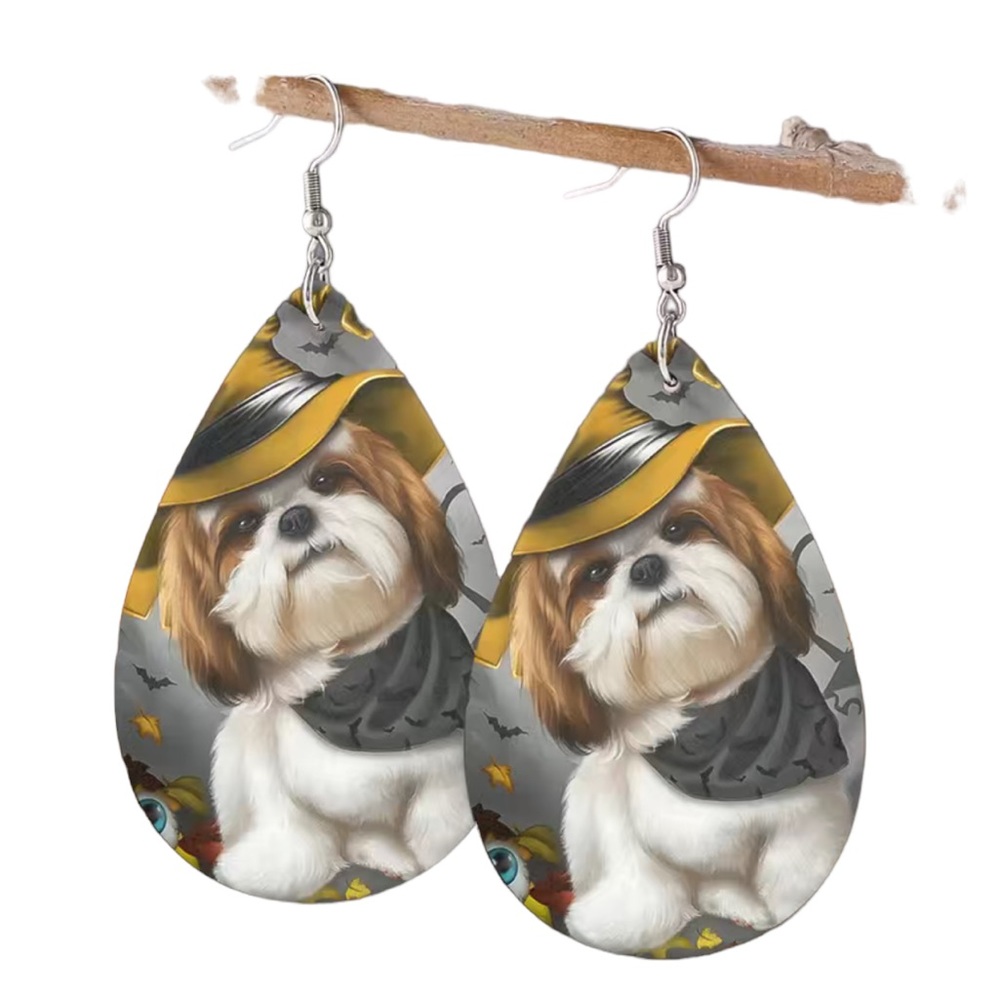 Halloween Dog Print Leather Drop Style Earrings